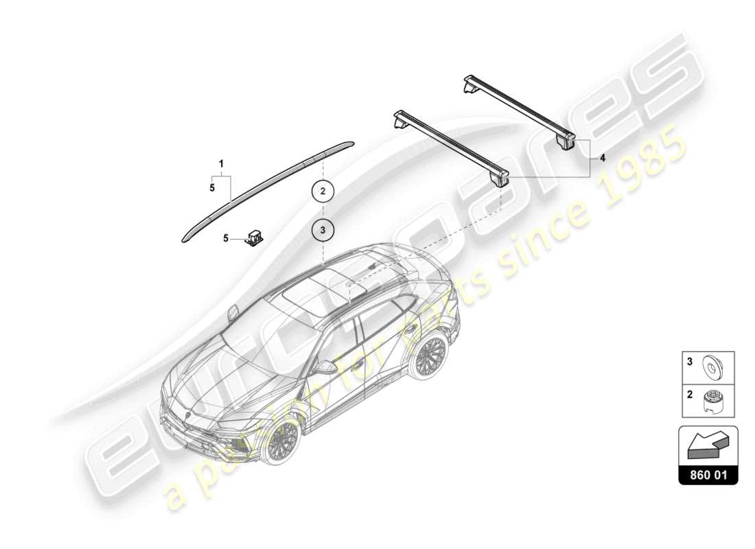 lamborghini urus performante (2023) diagrama de pieza del riel del techo delantero