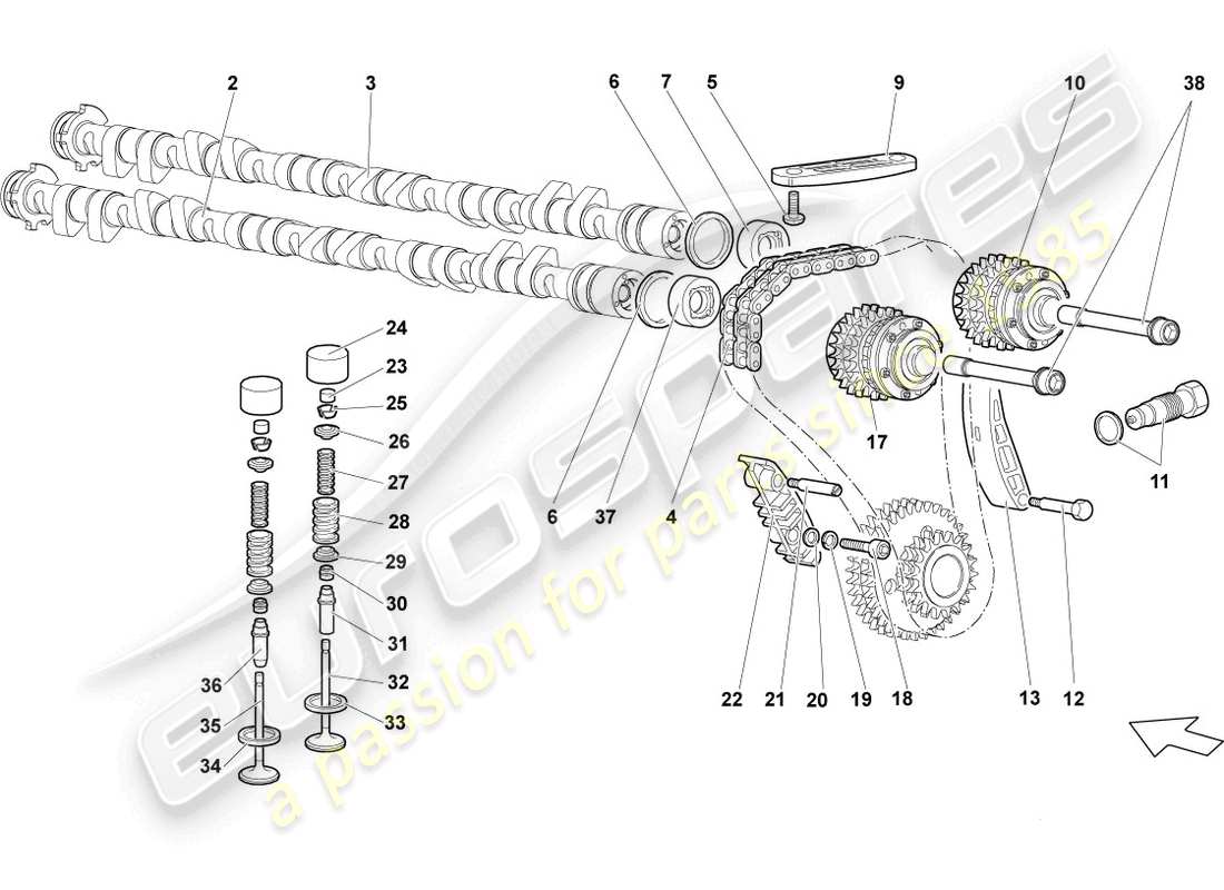 lamborghini reventon árbol de levas, válvulas izquierda diagrama de piezas