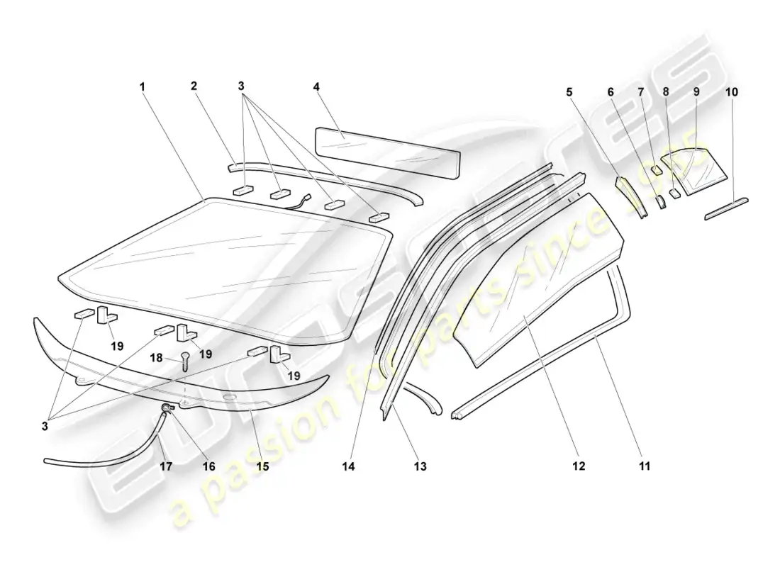 lamborghini murcielago coupe (2005) vidrios de ventanas diagrama de piezas