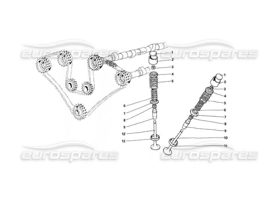ferrari 400i (1983 mechanical) sistema de sincronización: diagrama de piezas de taqués tipo cucharón