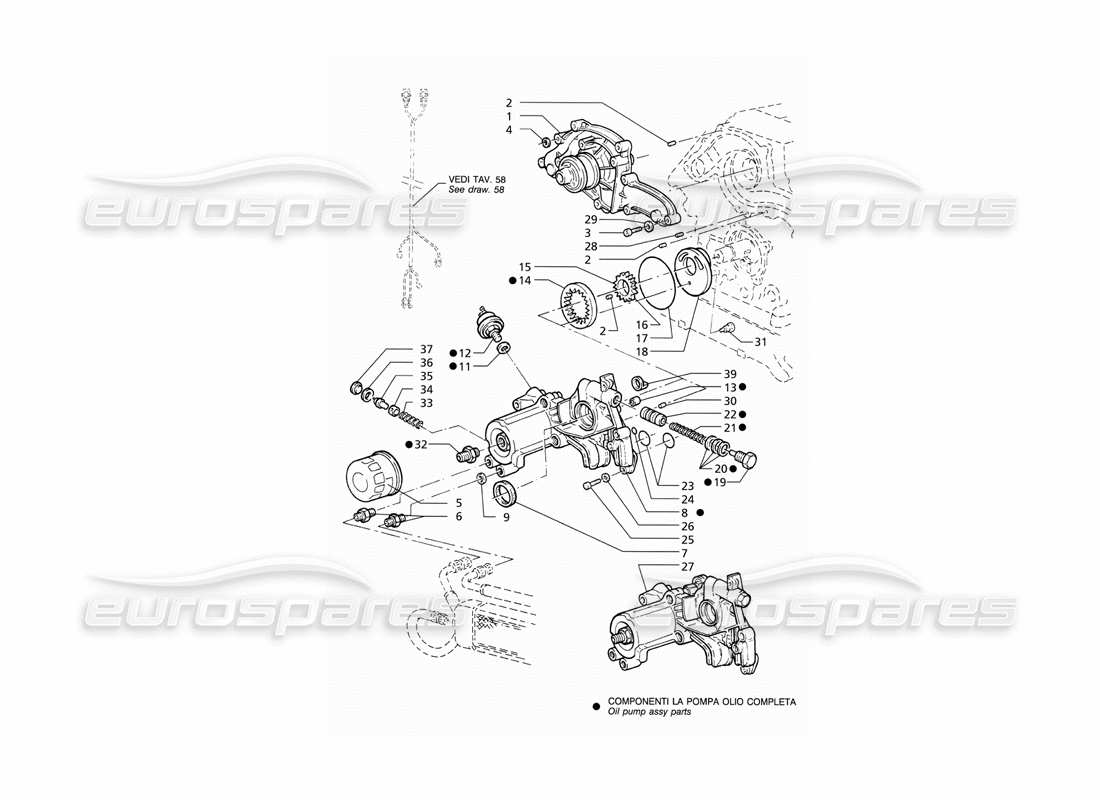 maserati qtp v6 (1996) diagrama de piezas de la bomba de aceite y la bomba de agua