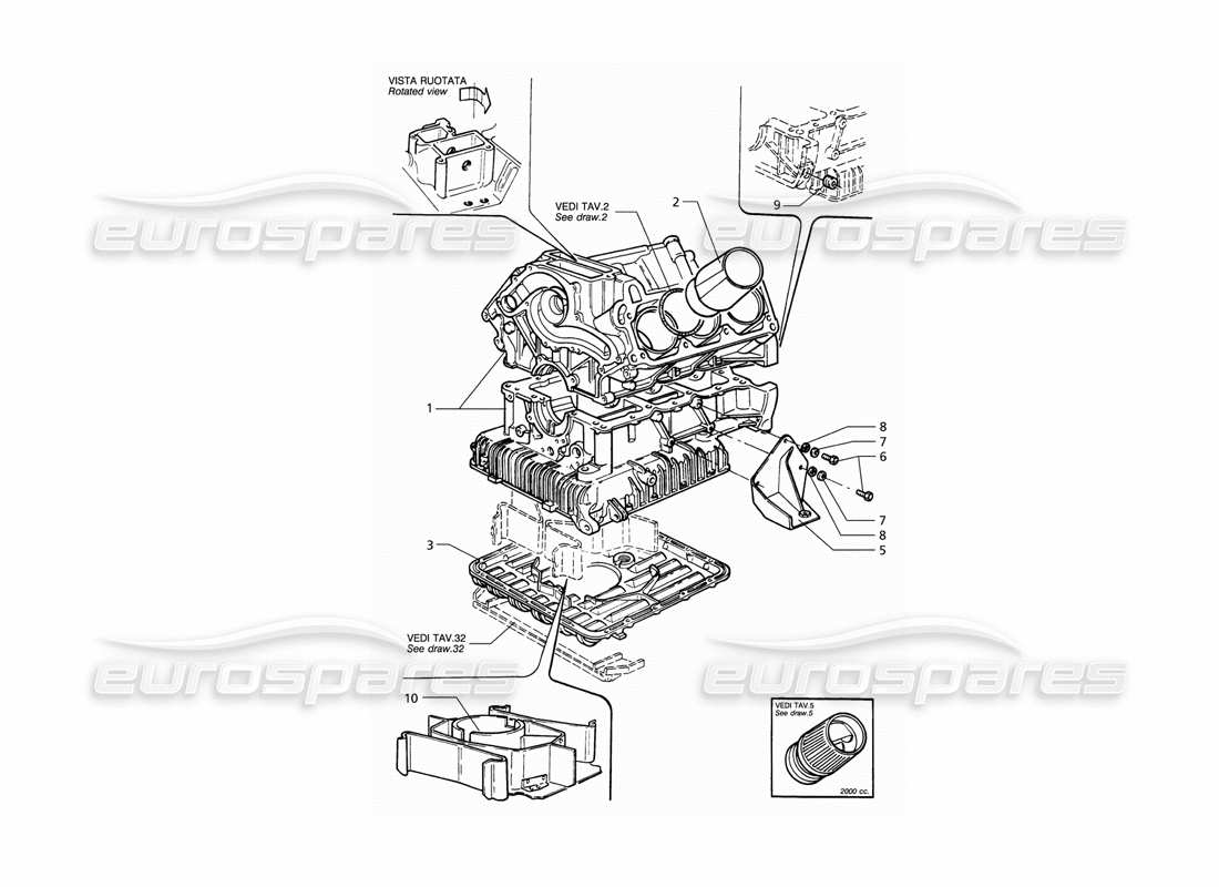 maserati qtp v6 (1996) diagrama de piezas del bloque del motor y del cárter de aceite
