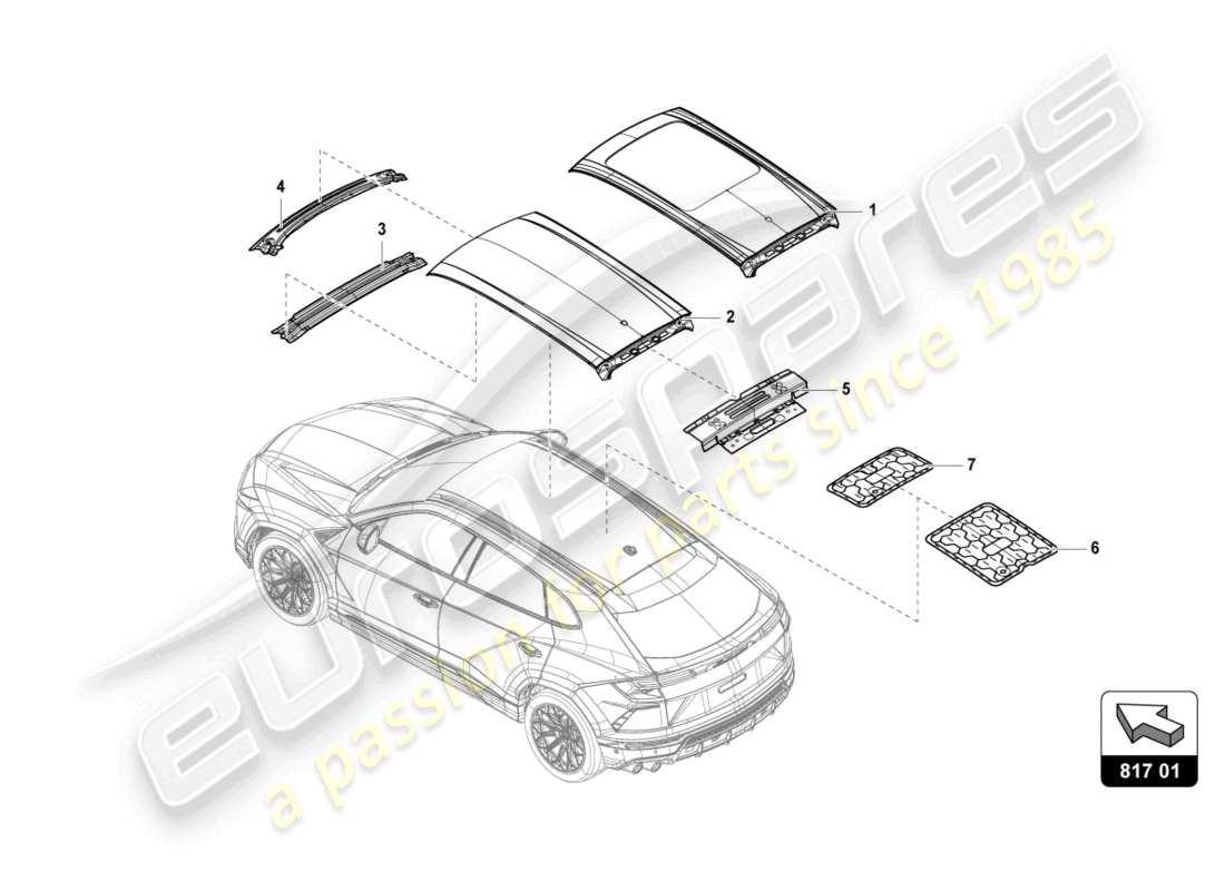 lamborghini urus performante (2023) diagrama de piezas del marco del techo