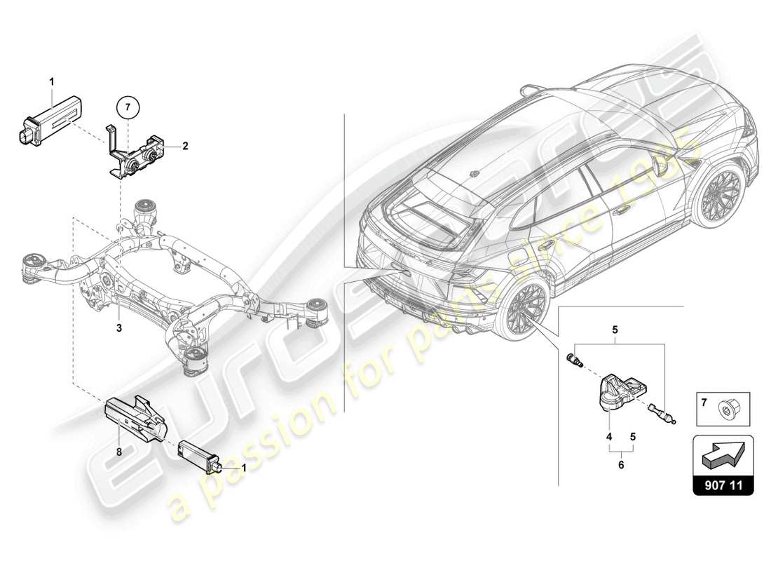 lamborghini urus performante (2023) diagrama de piezas del sensor de presión de neumáticos