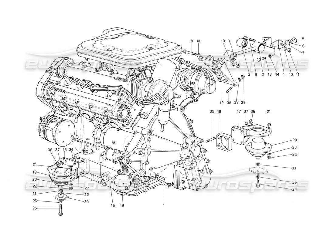 ferrari 208 gt4 dino (1975) motor - diagrama de piezas de caja de cambios y soportes