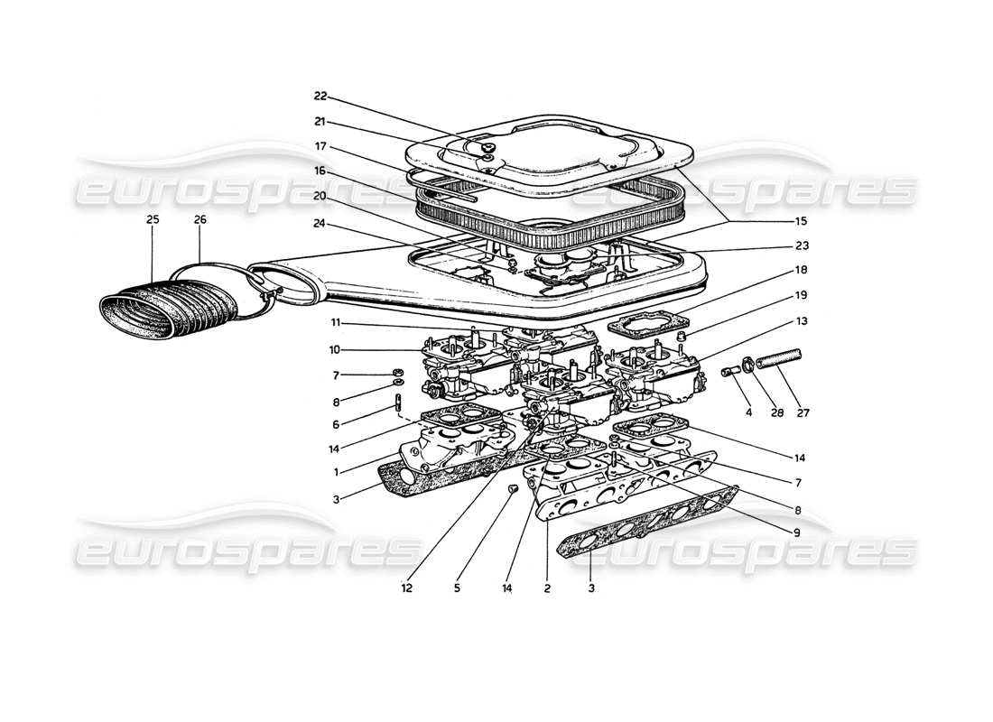 ferrari 208 gt4 dino (1975) diagrama de piezas de carburadores y limpiadores de aire