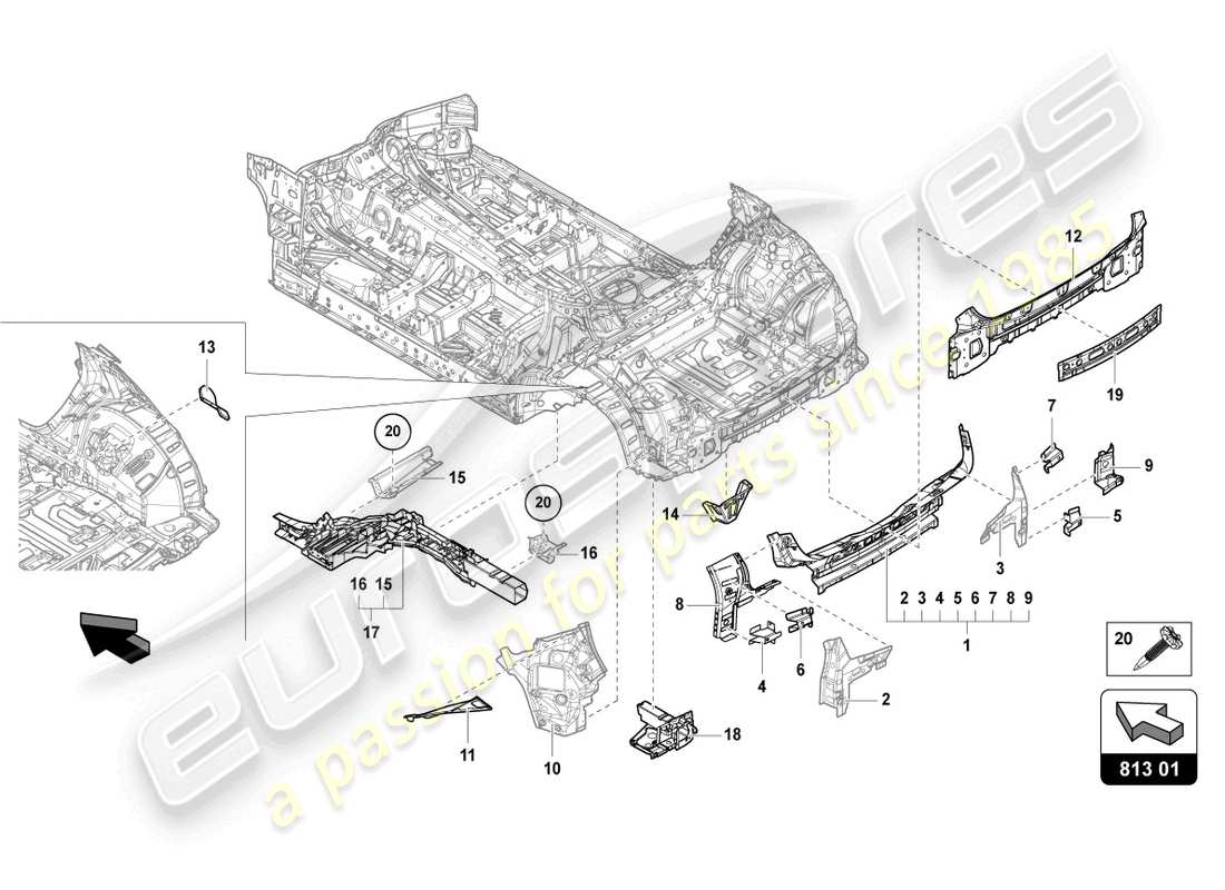 lamborghini urus performante (2023) diagrama de pieza trasero debajo de la carrocería