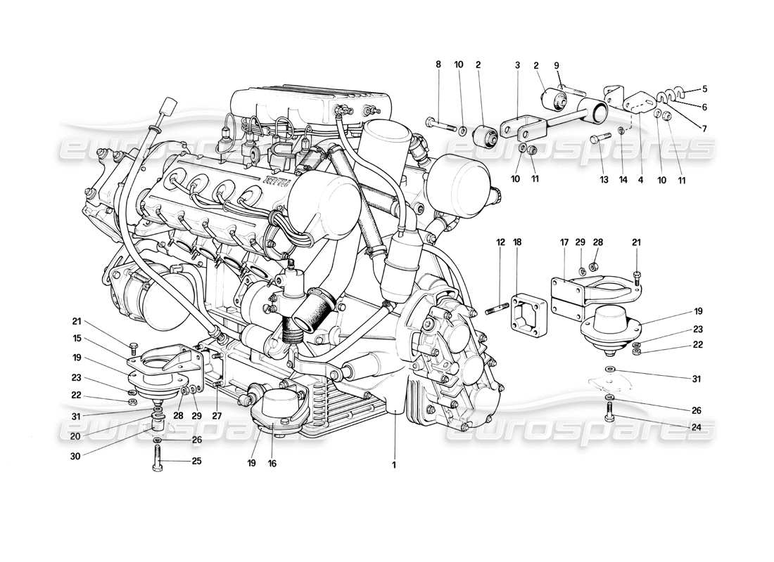 ferrari mondial 3.0 qv (1984) motor - diagrama de piezas de caja de cambios y soportes