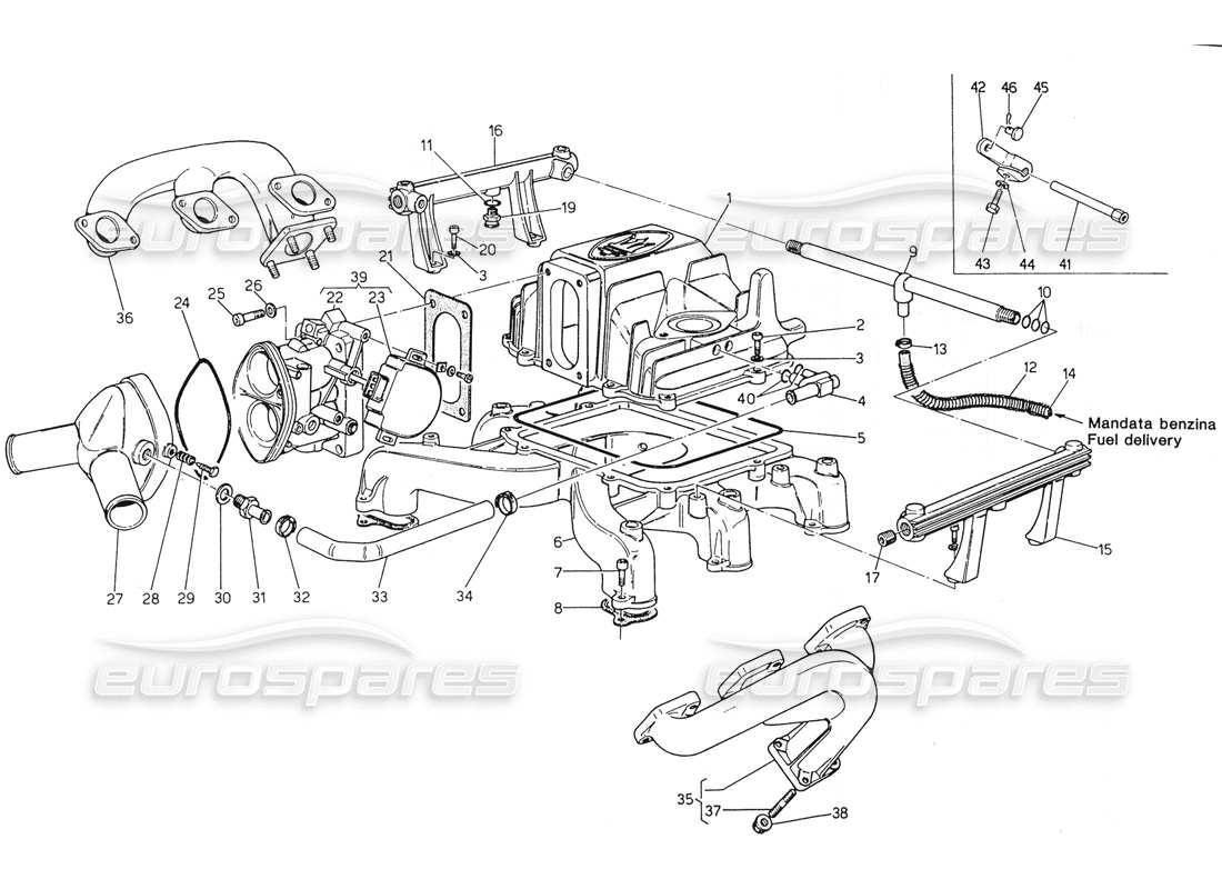 MASERATI BITURBO SPIDER DIAGRAMA DE LA PIEZA DEL CUERPO DE LA VÁLVULA DEL ACELERADOR DEL COLECTOR DE ADMISIÓN maserati biturbo spider diagrama de la pieza del cuerpo de la válvula del acelerador del colector de admisión