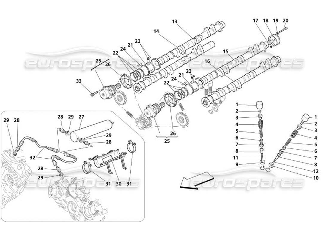 maserati 4200 gransport (2005) distribución: diagrama de piezas de los taqués