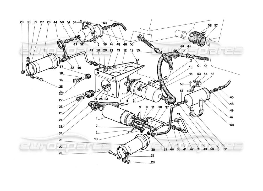 ferrari testarossa (1990) diagrama de piezas de bombas y tuberías de combustible