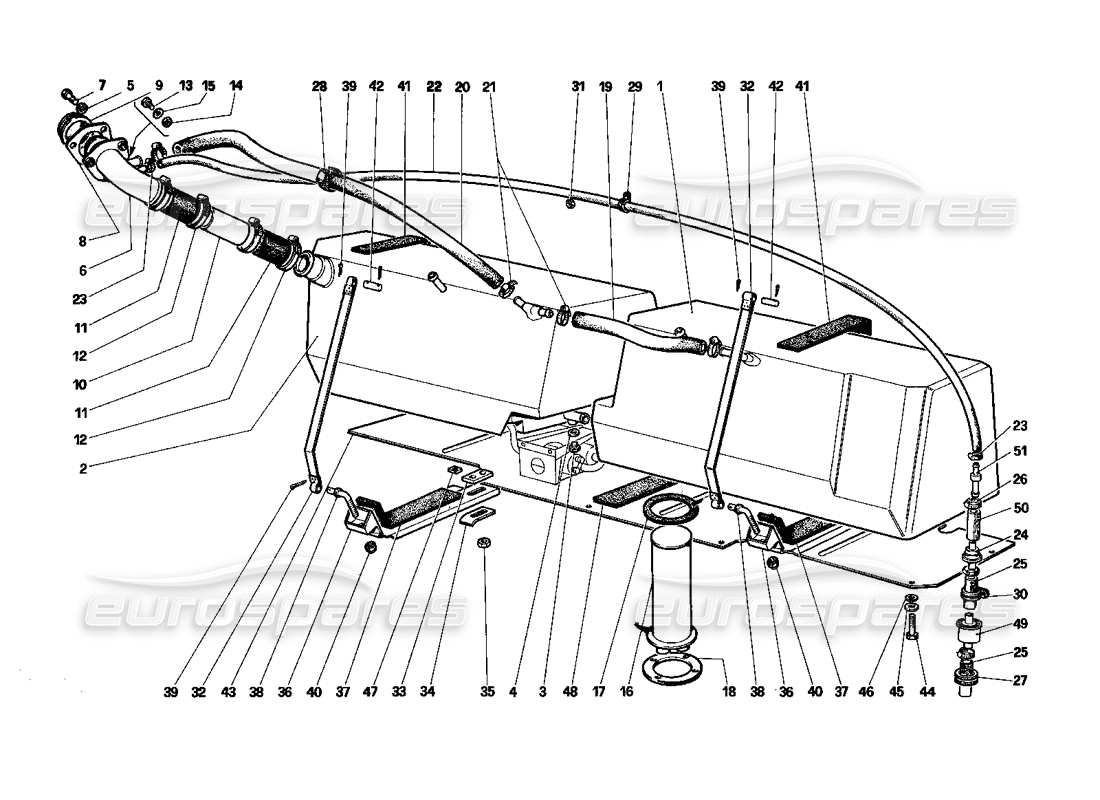 ferrari testarossa (1990) diagrama de piezas de tanques de combustible (no para ee. uu., sa y ch88)