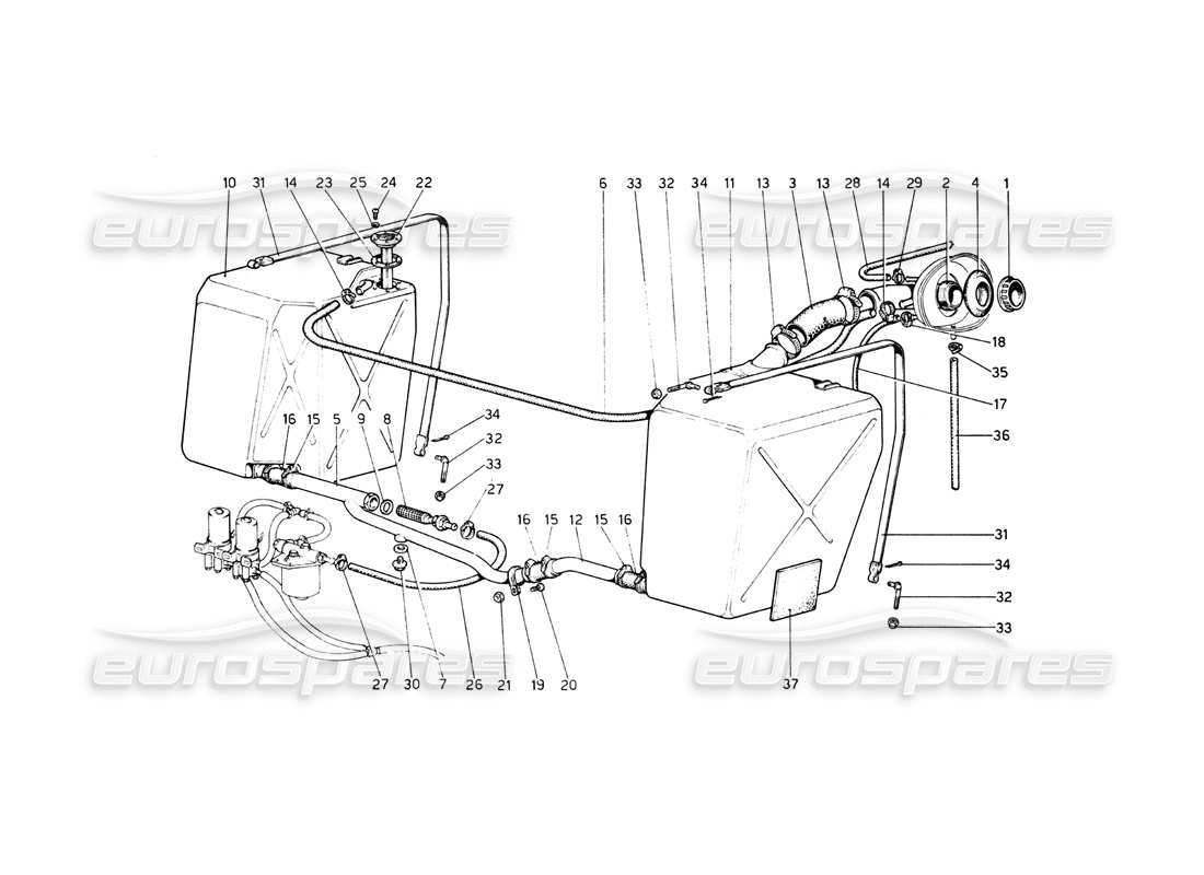 ferrari 512 bb diagrama de piezas de tanques y tuberías de combustible