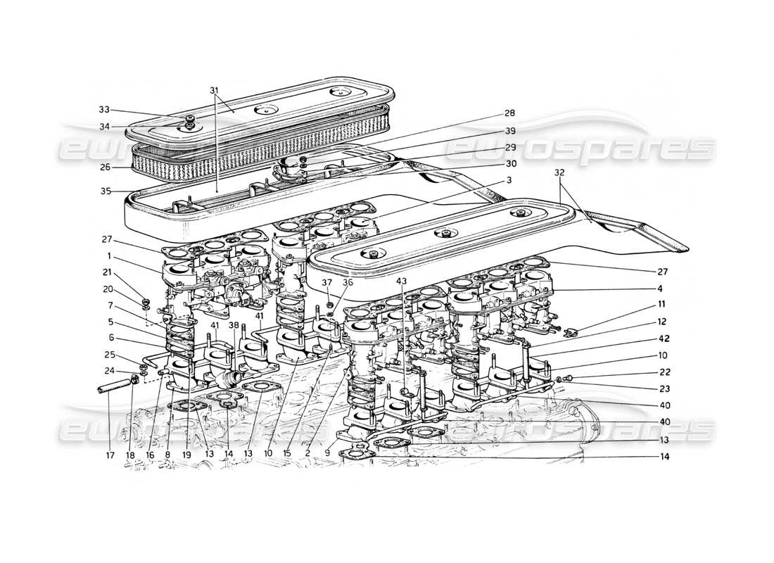 ferrari 512 bb diagrama de piezas de colectores y tomas de aire