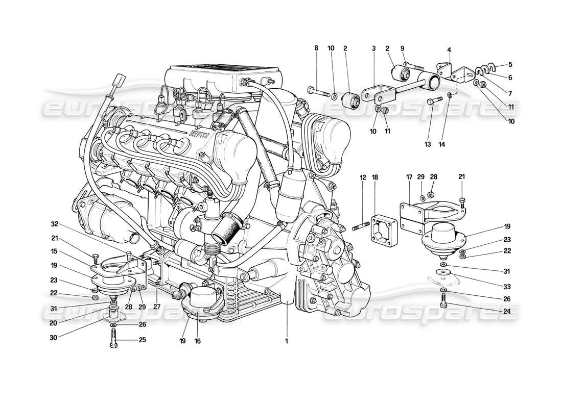 ferrari mondial 3.2 qv (1987) motor - diagrama de piezas de caja de cambios y soportes