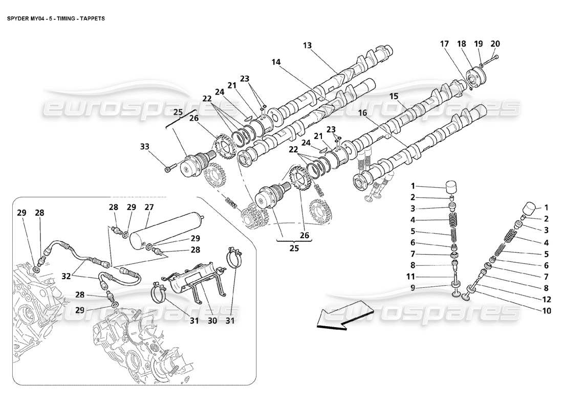 maserati 4200 spyder (2004) diagrama de piezas de los taqués de sincronización