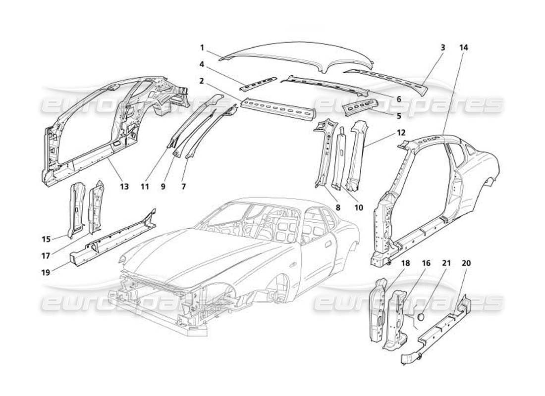 maserati 4200 coupe (2005) boby - diagrama de piezas de los embellecedores exteriores centrales