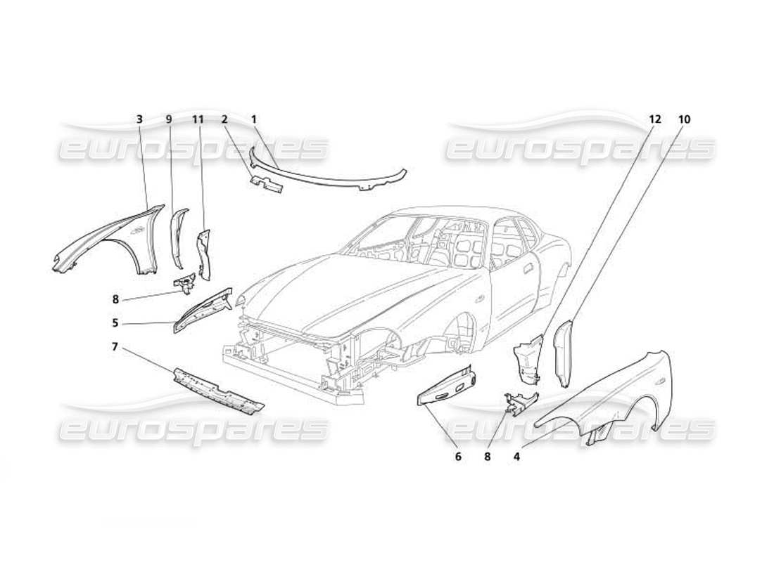 maserati 4200 coupe (2005) carrocería - diagrama de piezas de embellecedores exteriores delanteros