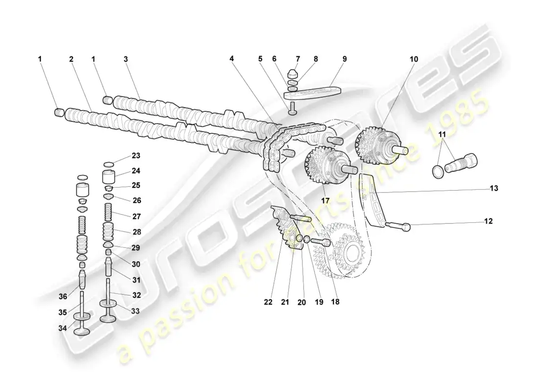 lamborghini murcielago coupe (2006) árbol de levas, válvulas izquierda diagrama de piezas