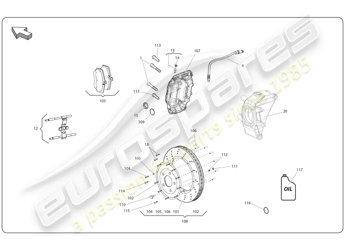 lamborghini super trofeo (2009-2014) discos de freno trasero diagrama de piezas