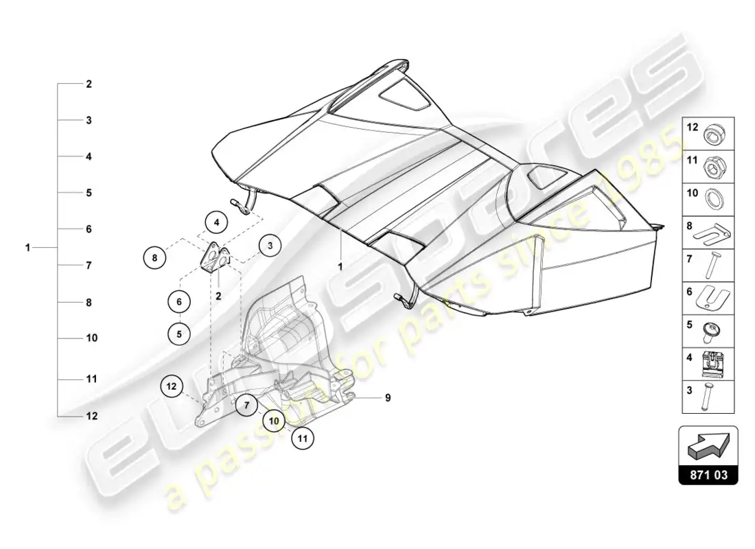 lamborghini evo spyder (2020) tapa de cofre de almacenamiento superior cabrio diagrama de piezas
