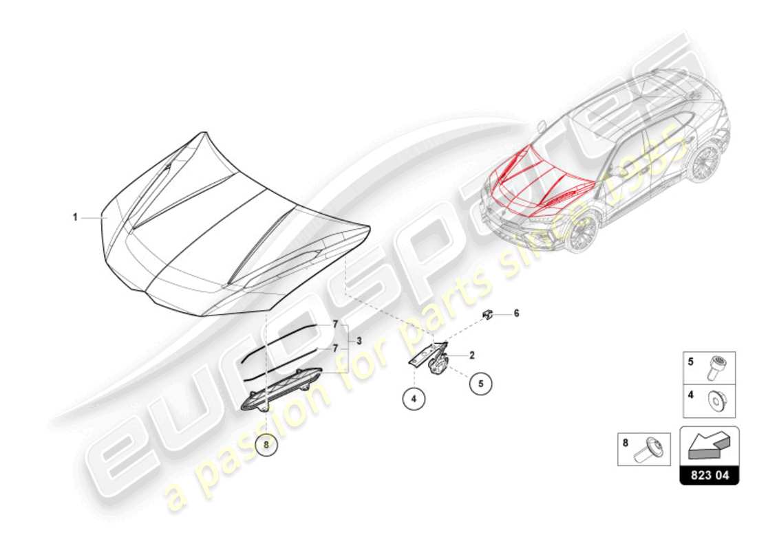 lamborghini urus s (2024) diagrama de piezas del capó