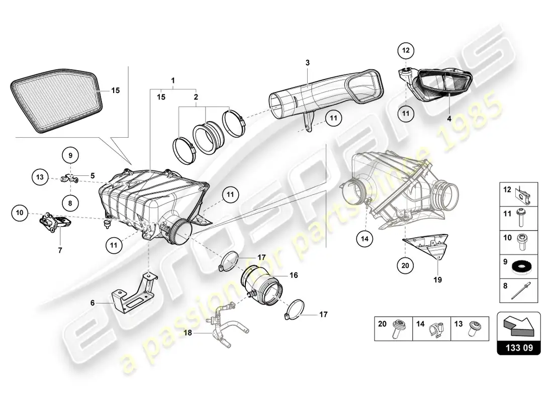 lamborghini evo spyder 2wd (2020) carcasa del filtro de aire diagrama de piezas