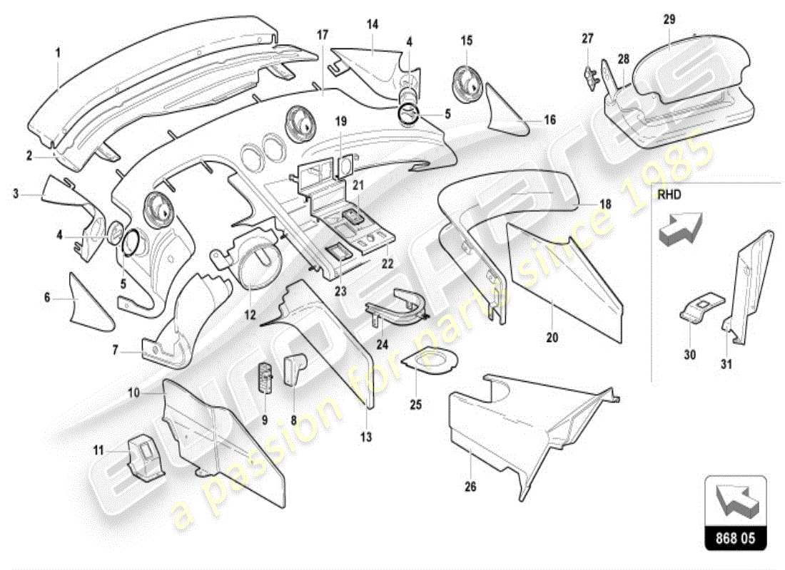 lamborghini diablo vt (1996) decoración interior diagrama de piezas