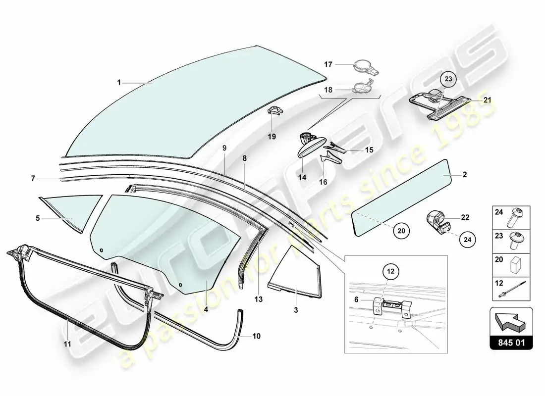 lamborghini centenario coupe (2017) diagrama de piezas de vidrios para ventanas