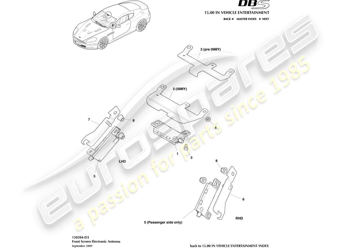 aston martin dbs (2008) antena electrónica, parabrisas diagrama de piezas