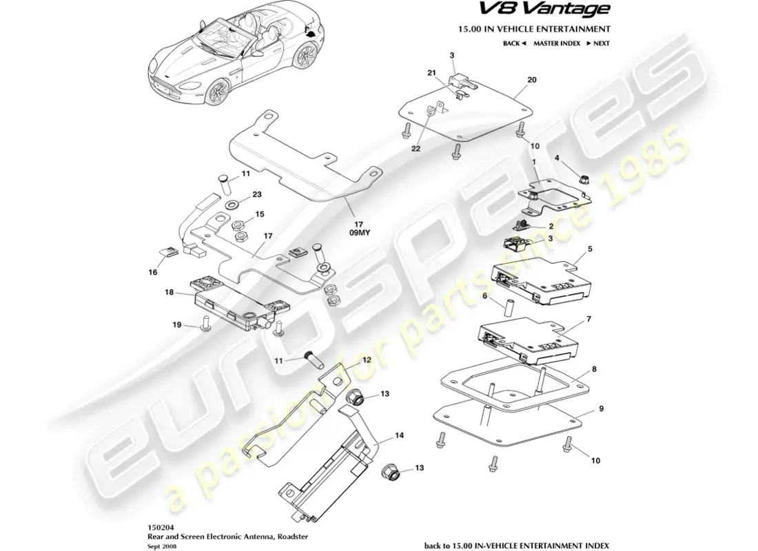 aston martin v8 vantage (2008) antena trasera y de pantalla, diagrama de piezas del roadster
