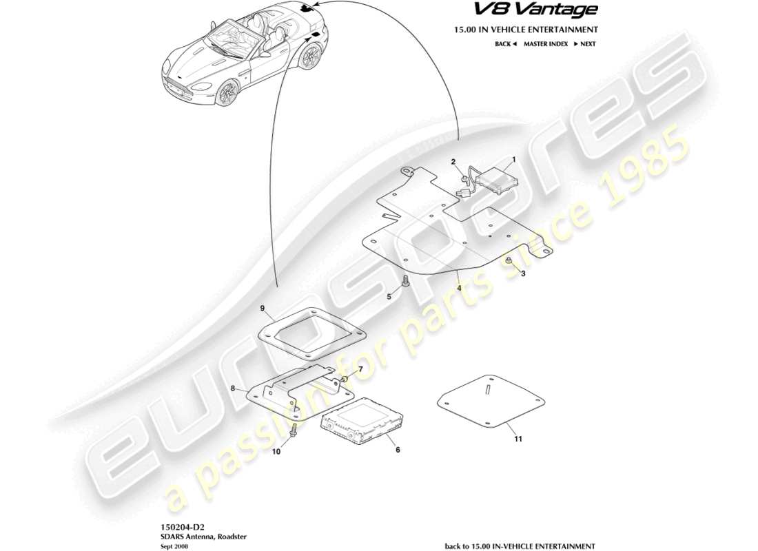 aston martin v8 vantage (2018) antena sdars, diagrama de piezas del roadster