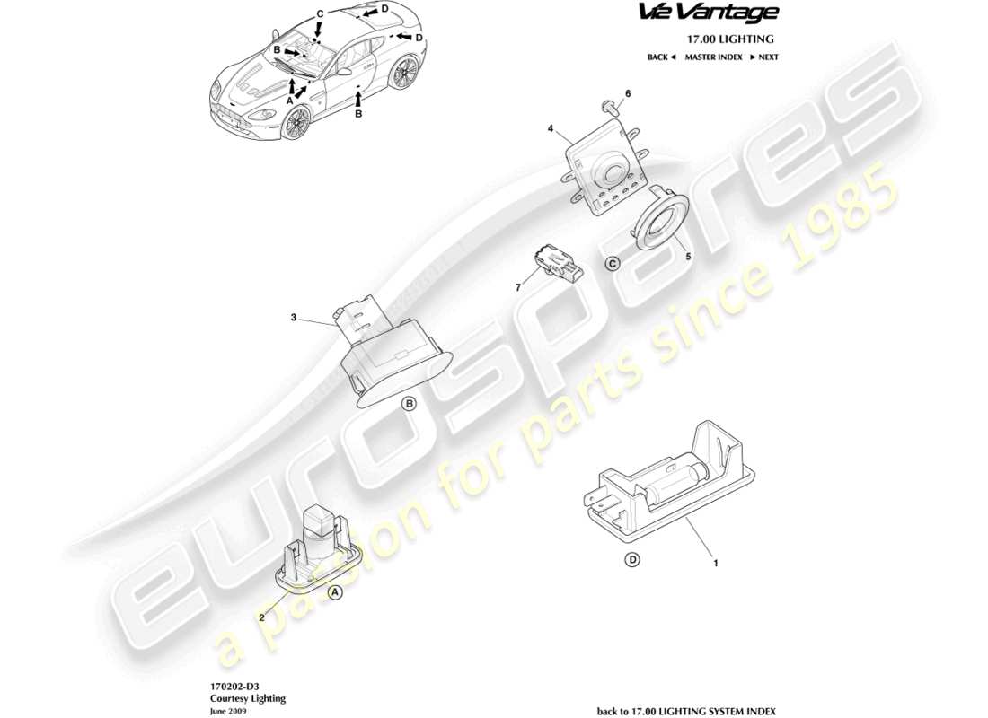 aston martin v12 vantage (2013) diagrama de piezas de iluminación de cortesía