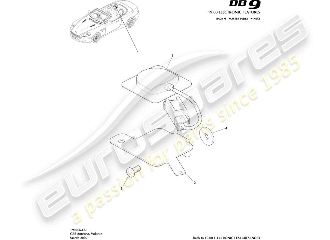 aston martin db9 (2005) antena gps, diagrama de piezas de volante