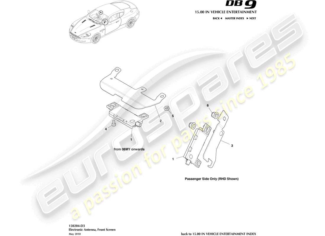 aston martin db9 (2010) antena electrónica, diagrama de piezas del parabrisas