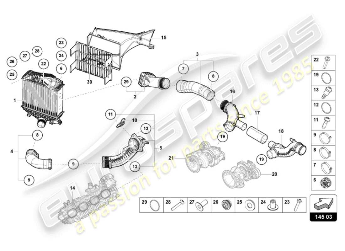 lamborghini urus s (2024) diagrama de piezas del enfriador de aire de carga izquierdo