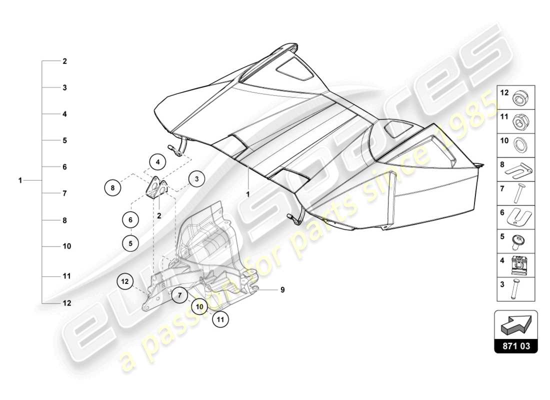 lamborghini 2024 (evo spyder) diagrama de piezas de la tapa de la caja de almacenaje superior cabrio