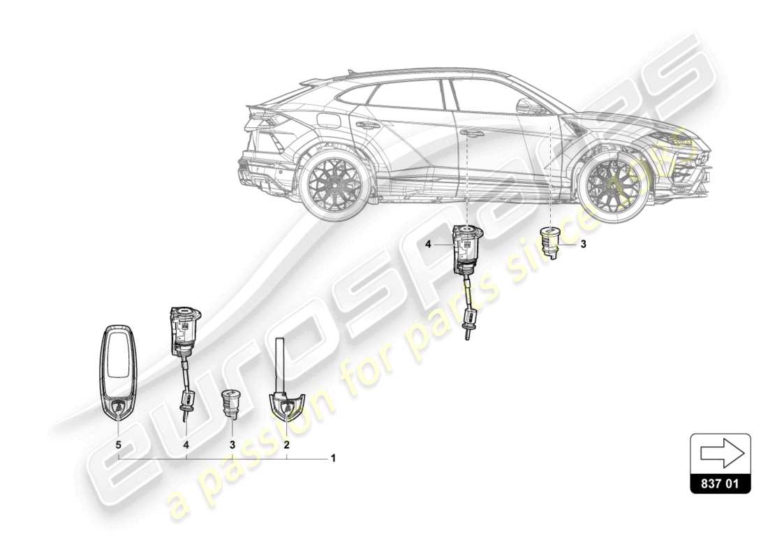lamborghini urus performante (2024) llave principal con transpondedor (punta plegable) esquema de piezas
