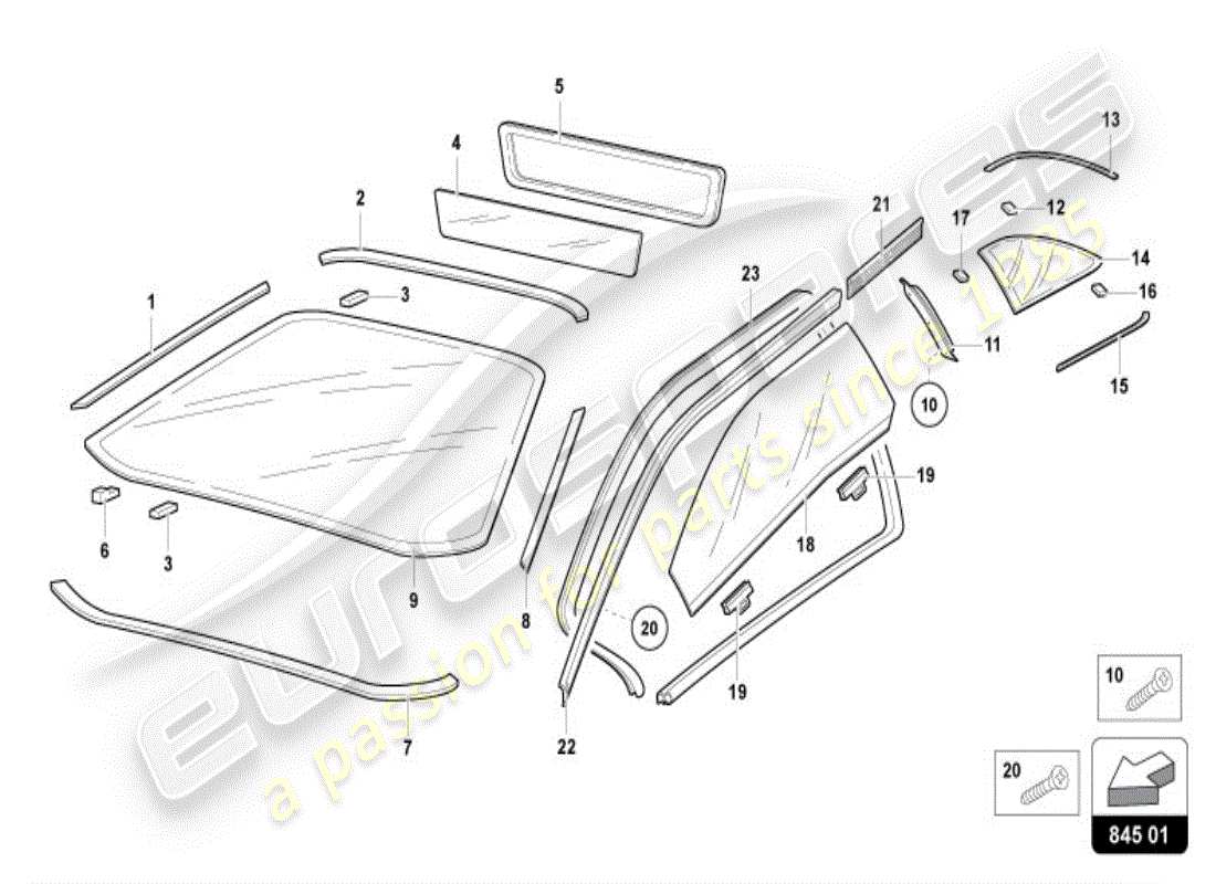 lamborghini diablo vt (1996) vidrios de ventanas diagrama de piezas