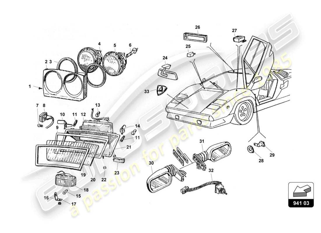 lamborghini countach 25th anniversary (1989) luces delanteras diagrama de piezas
