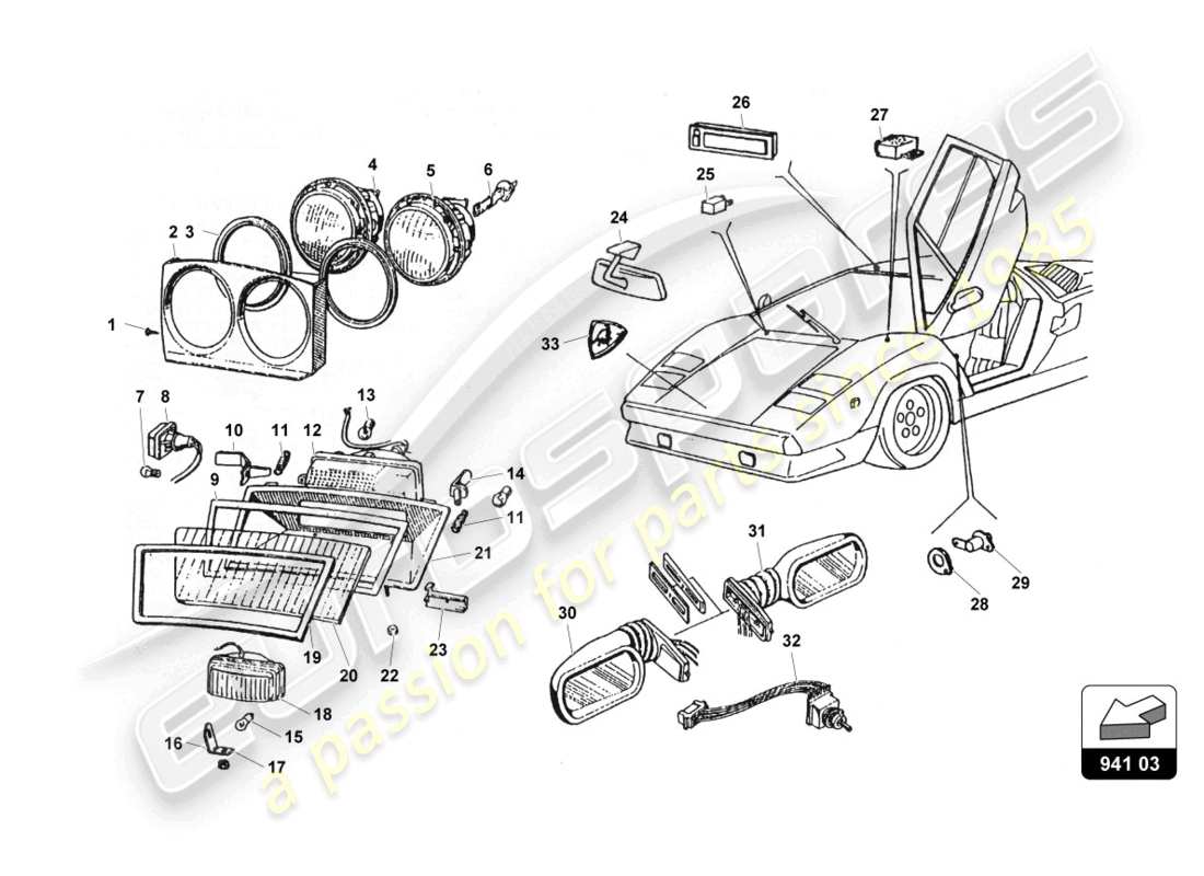 lamborghini countach 25th anniversary (1989) diagrama de piezas de las luces delanteras