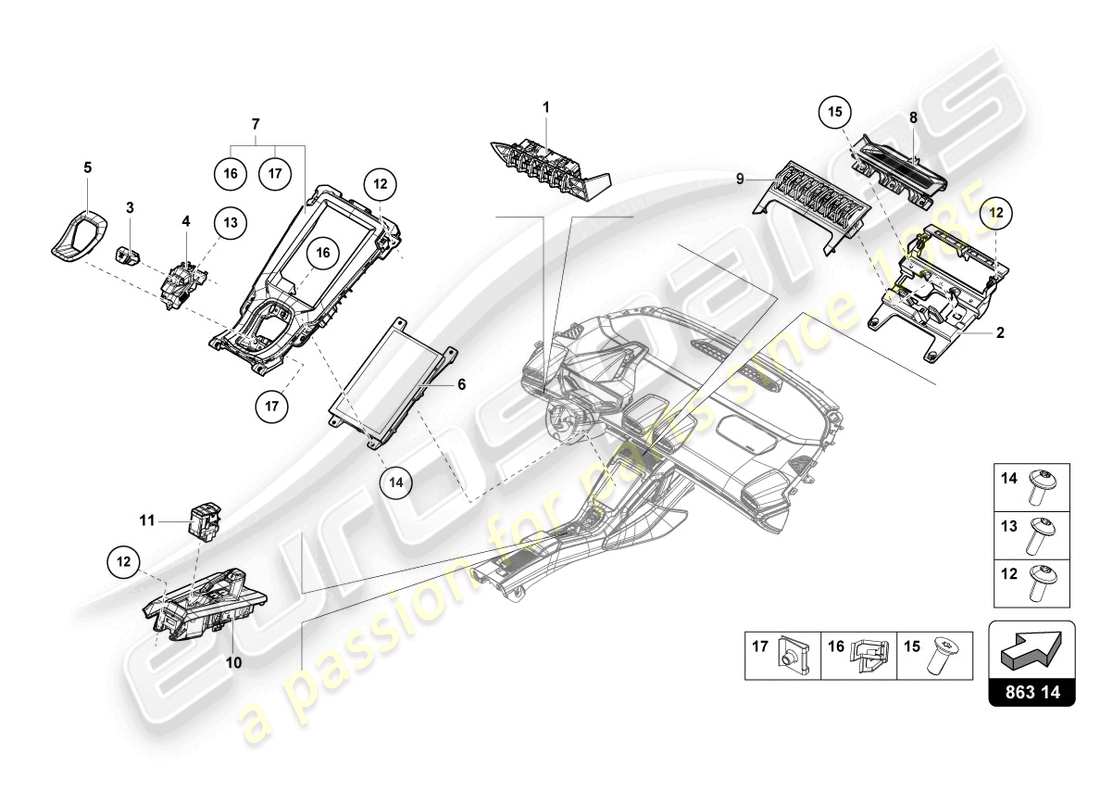 lamborghini evo spyder 2wd (2021) consola central, parte superior diagrama de piezas