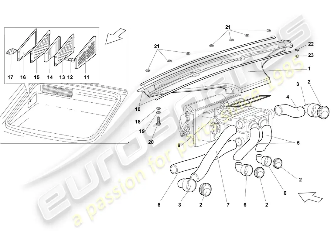 lamborghini murcielago coupe (2006) conductos de calentadores de aire y de pies, mangueras y ventilaciones de aire diagrama de piezas