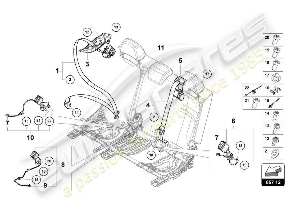 lamborghini urus (2020) cinturón de seguridad de tres puntos 3. banco de asiento diagrama de piezas