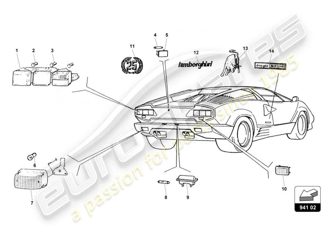 lamborghini countach 25th anniversary (1989) diagrama de piezas de las luces traseras