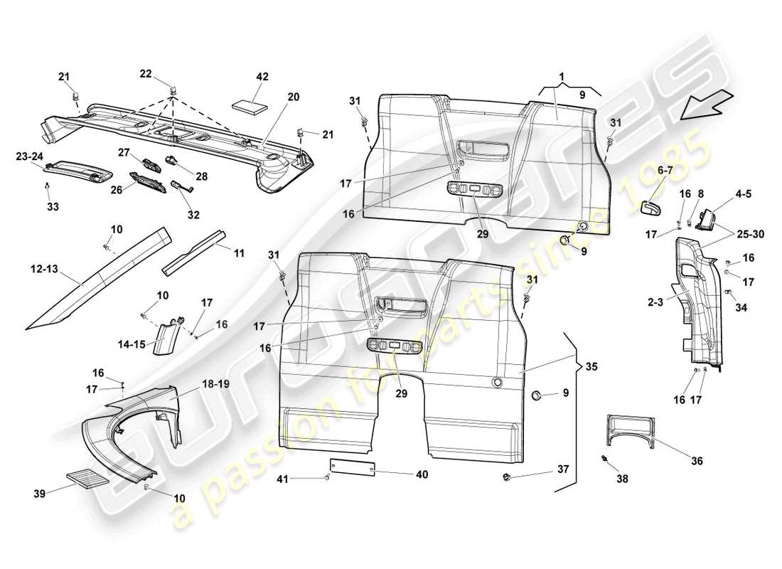 lamborghini lp570-4 spyder performante (2011) revestimientos de techo y pilares diagrama de piezas
