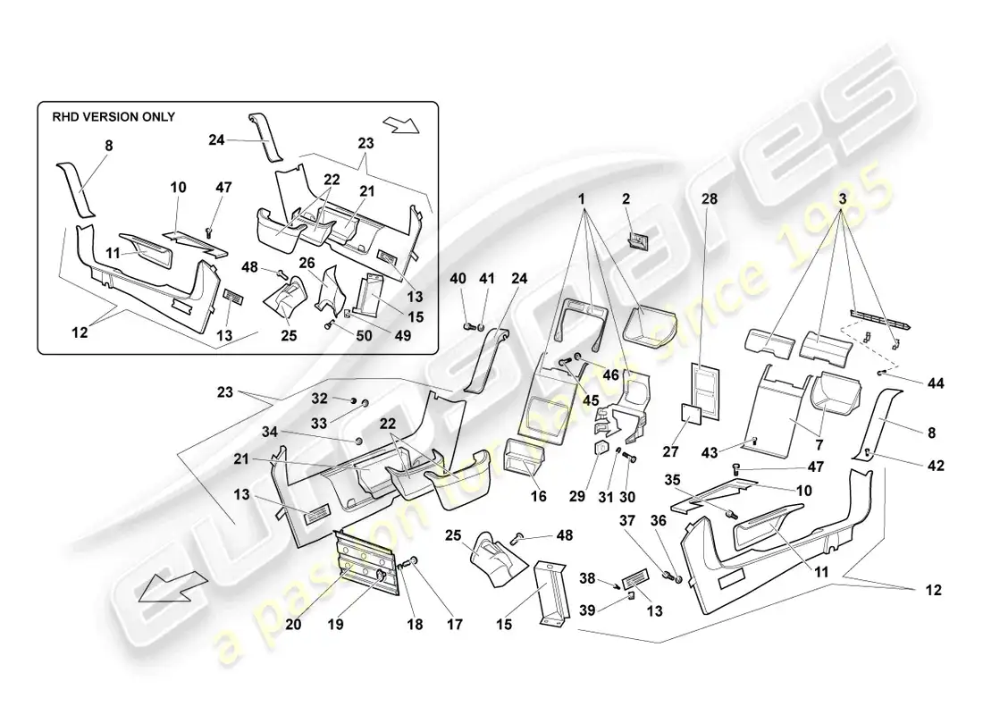 lamborghini murcielago coupe (2004) adorno del pilar diagrama de piezas