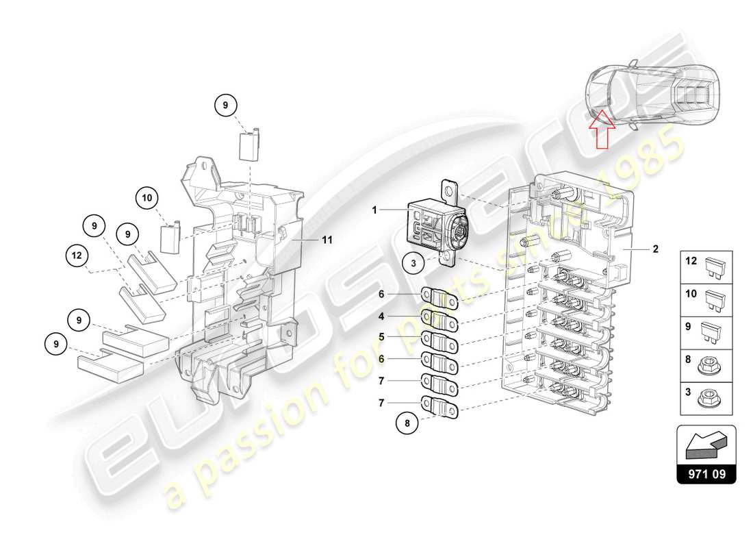 lamborghini evo coupe (2023) diagrama de piezas de fusibles