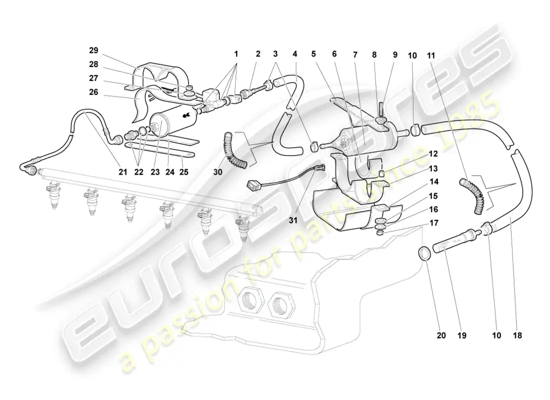 lamborghini murcielago coupe (2002) línea de combustible con tubo de respiradero diagrama de piezas