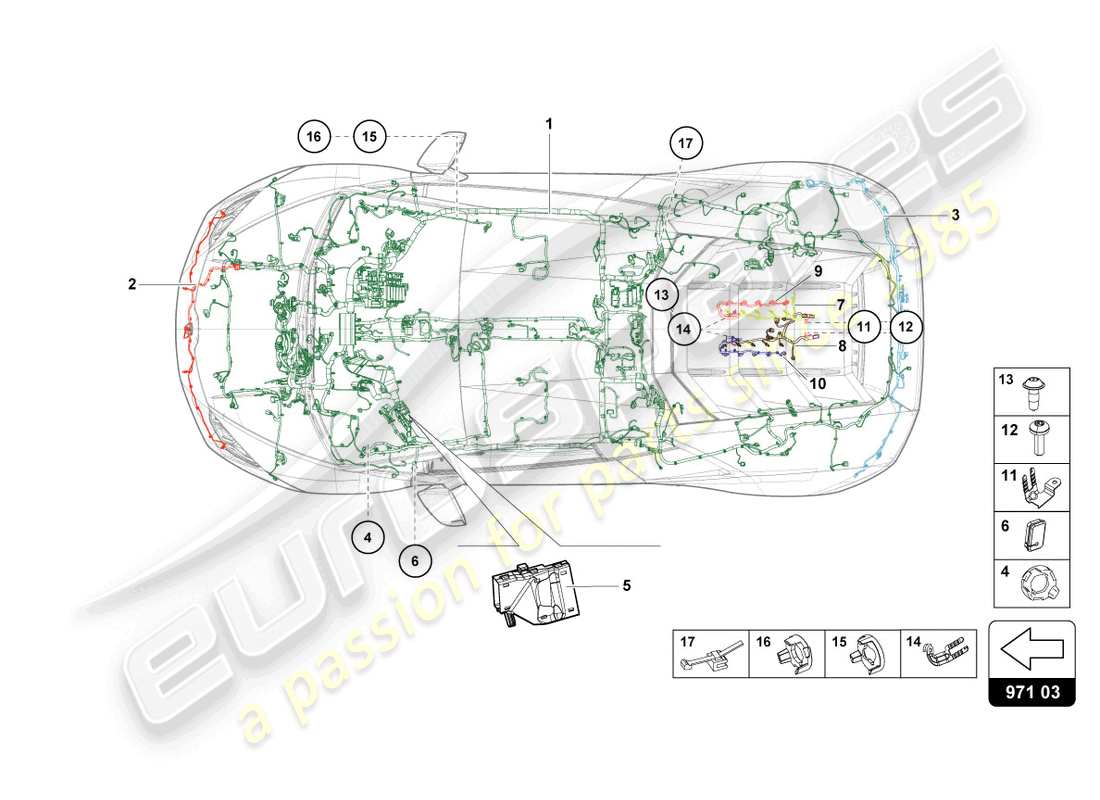 lamborghini evo coupe (2023) diagrama de piezas del centro de cableado